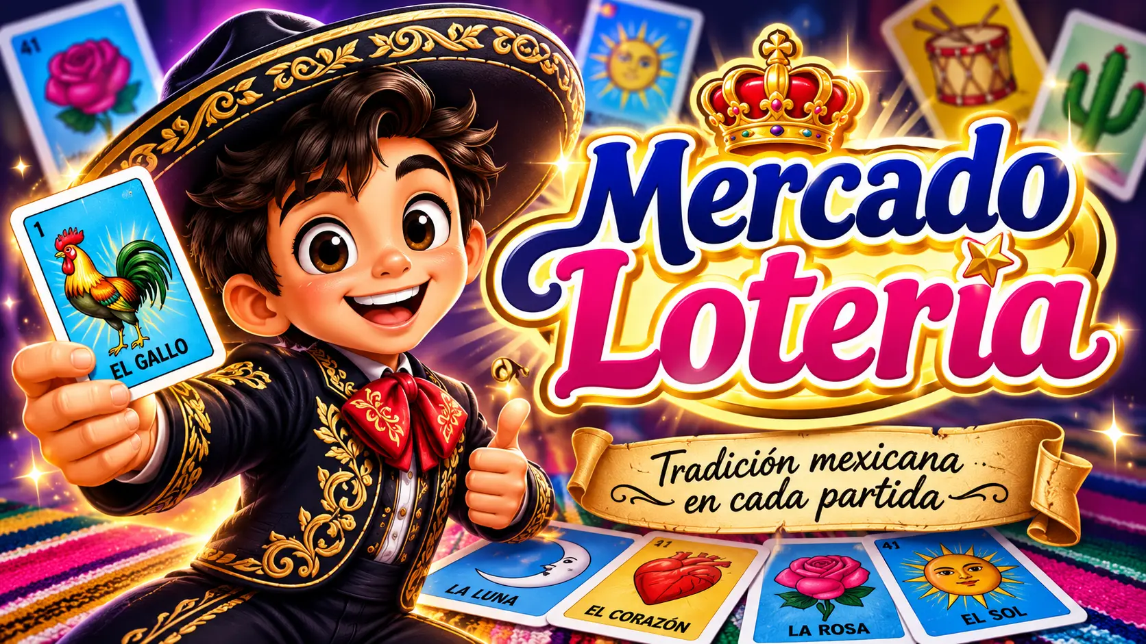 Charro infantil de Mercado Lotería rodeado de cartas de lotería mexicana